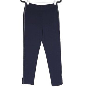 ST. JOHN Pants WOOL Blend Size 6 LEATHER Side TRIM Knitted in USA🇺🇸 Navy Slit